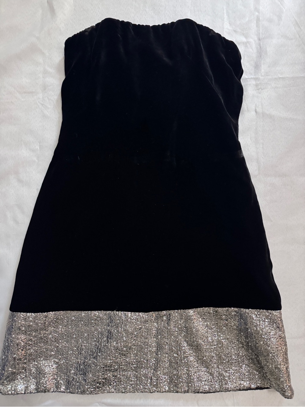 Badgley Mischka Black Velvet Minidress with Wide Silver Crepe Hem Strapless